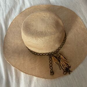 Elegant Tan Wide-Brim Hat with Chain Detail
